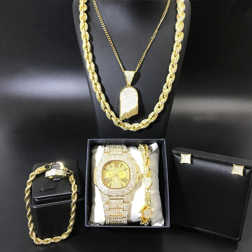 Роскошные мужские золотые часы в стиле хип-хоп наручные ожерелье браслеты кольца