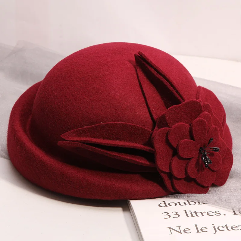 100% Wool Felt Berets Women Autumn And Winter Party Gauze Flower Formal Hat Banquet Grace Woolen Hats | Аксессуары для одежды