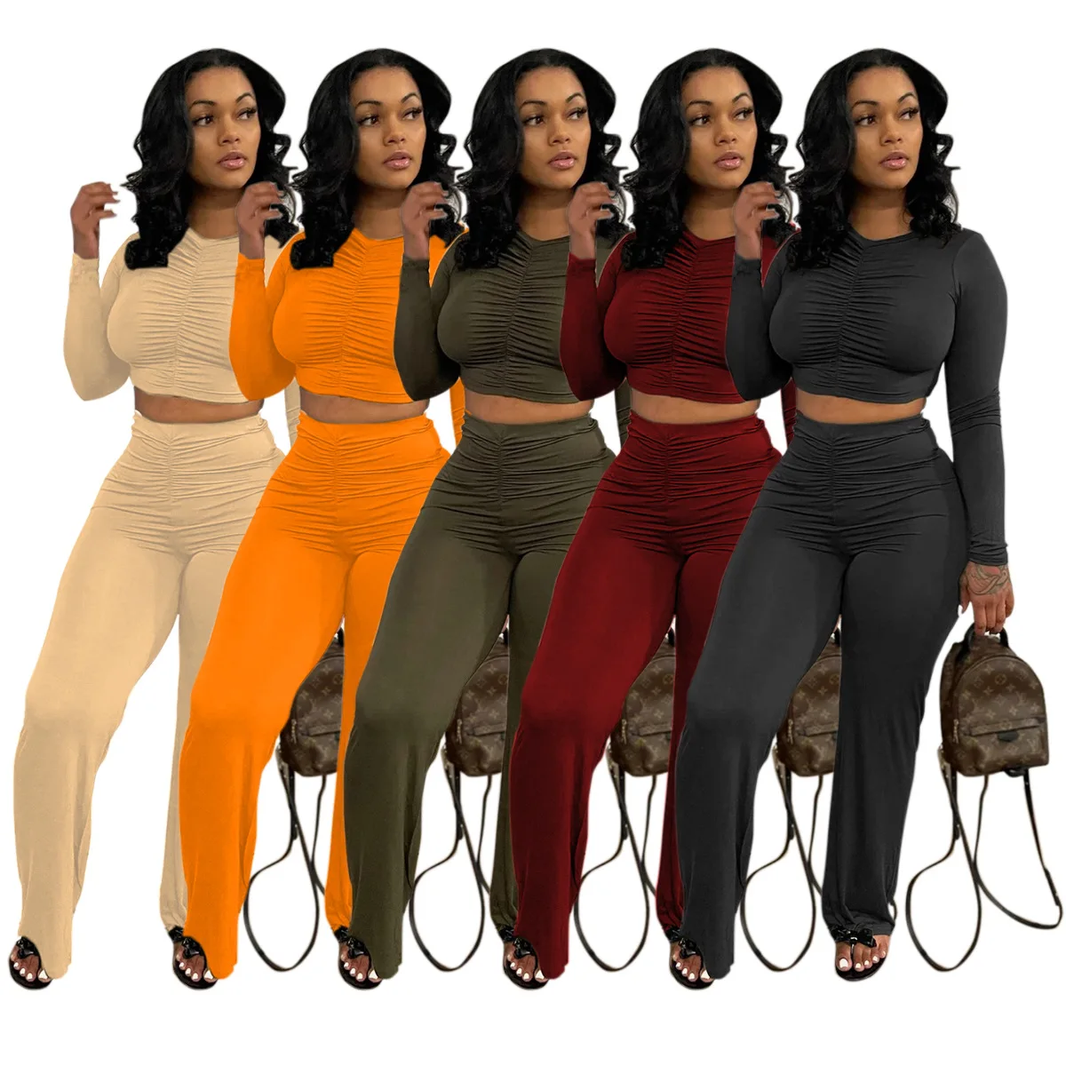 

New Women's Suit Solid Color Casual Pleated Long Sleeve T-shirt Wide Leg Pants Simple Sexy Waist Exposed Fashion 2-piece Set