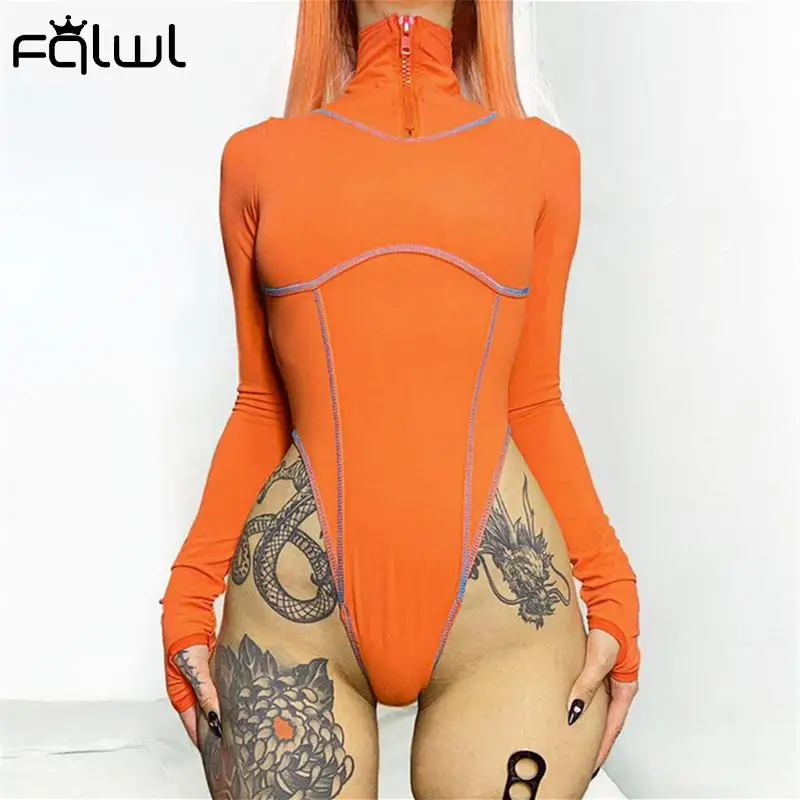 

FQLWL осенние Оранжевые Комбинезоны Женский комбинезон шорты на молнии с длинным рукавом облегающий боди цельный сексуальный клубный костюм ...