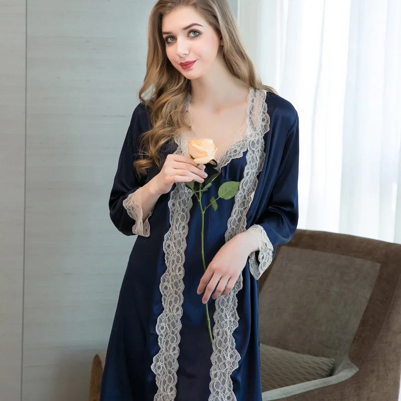 2019 ice silk strap nightdress robe sexy lace pajamas ladies two-piece suit casual long-sleeved | Женская одежда