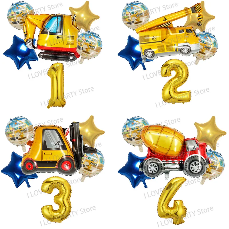 

6pcs/set Engineering Excavator Forklift Crane Foil balloons 32inch Gold Number Balloon Kids Gifts Birthday Party DIY Decoration