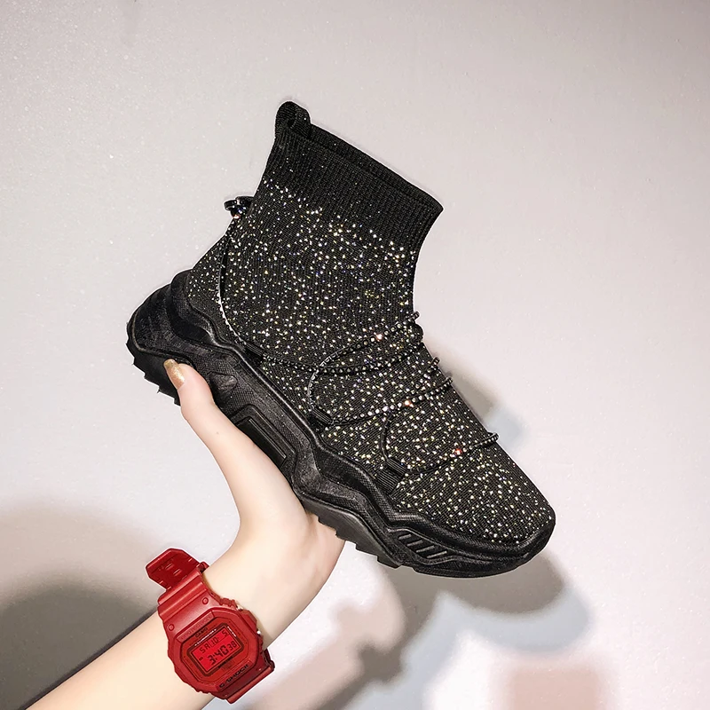 Женские кроссовки для бега блестящие высокие носки женские уличные удобные