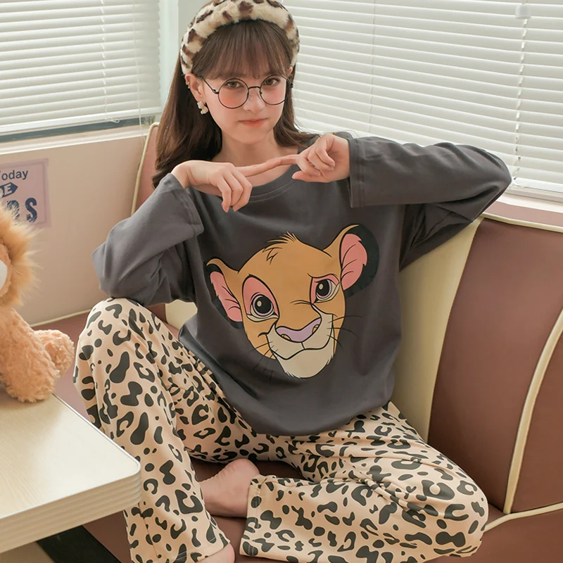 Disney The Lion King Simba 2PC Cotton Sleep Suit for Women Fall Winter Loose Pajamas Set Leopard Pant Pijama Home Suit Nightwear