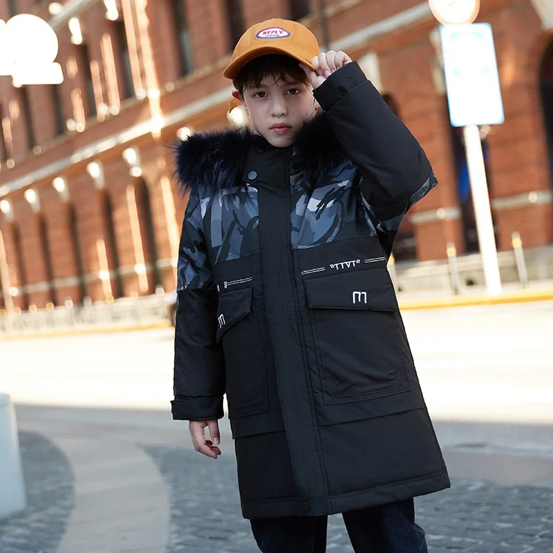 

2022 new Russia winter boys duck down coat jacket teenage school big boy real fur hooded long coat outwear parkas children kids