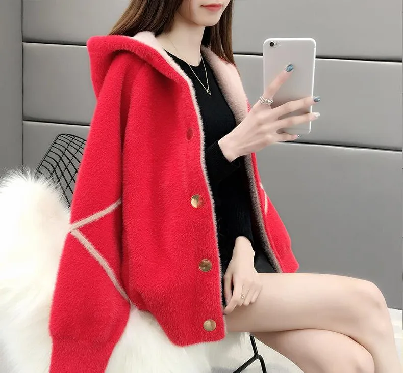 

Fannic 2020 WinterWaterproof mink Loose - Fitting Hoodie Knitted Coat Long Sleeve Patchwork Single-Breasted Jacket for Women