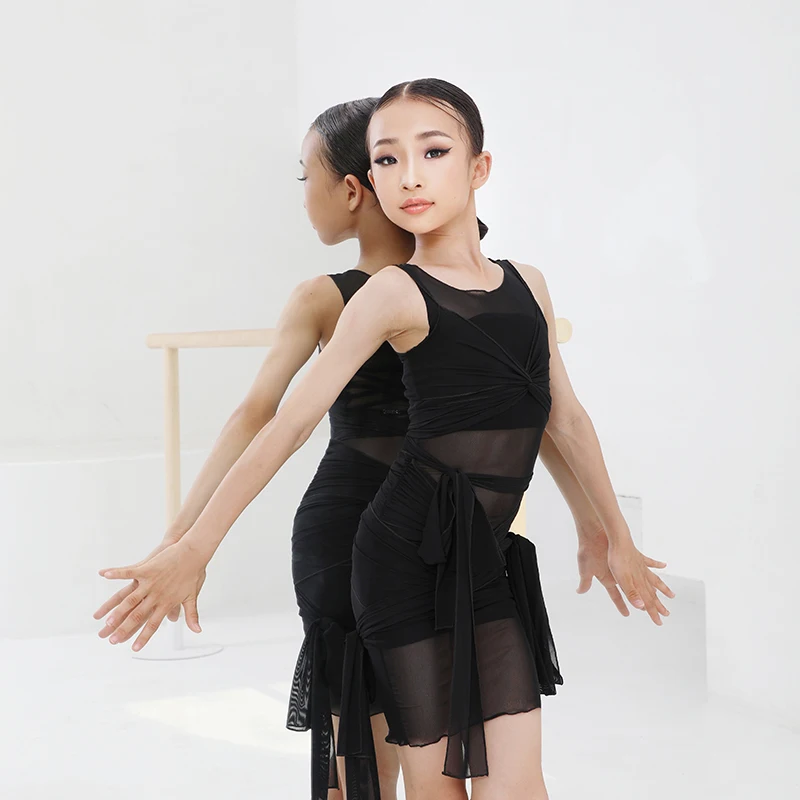 

2021 children'S Day Latin Dance Dress For Girls Black Mesh Practice Dress Kids Ballroom Latin Dance Competition Dresses DQS7154