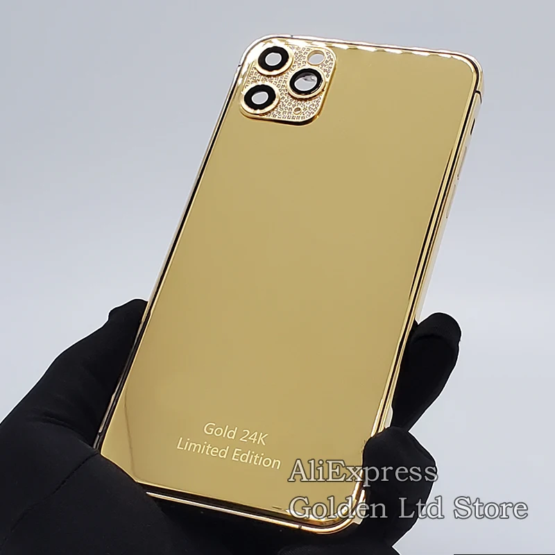 24K Gold housing for Phone11Pro Max Like 12Pro Max gold plated mirror Set with diamonds limited edition medium frame with logo