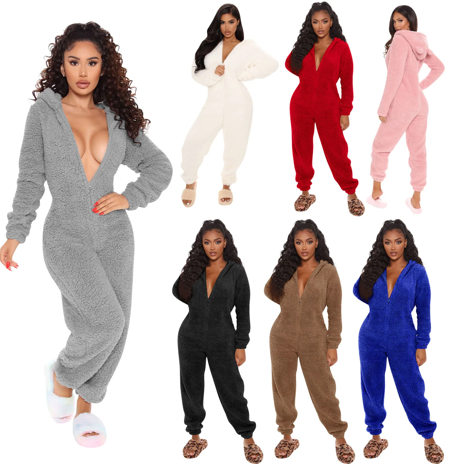 

Casual Women Jumpsuit Hooded Sportswear Full Sleeve Bodycon Loose Solid Color Long Rompers Womens Jumpsuit Outfit