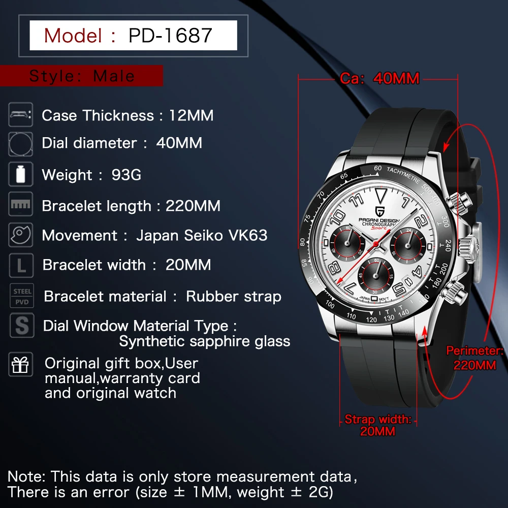 PAGANI DESIGN PD 1687 Men`s Watch Automatic Date Ceramics Bezel Quartz Watches Men Seiko-VK63 Sapphire Chronograph Clock 10ATM | Наручные