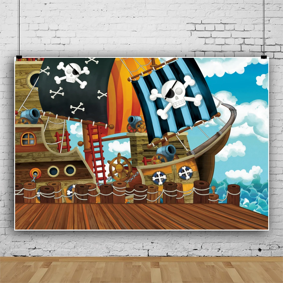 

Laeacco Baby Cartoon Ship Coat Pirate Boat Flags Birthday Party Child Photophone Poster Photo Background Photography Backdrops