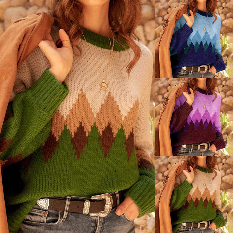 

Lugentolo, винтажный пуловер, свитер, женский, геометрический цвет, свободный трикотажный свитер, осенне-зимняя одежда