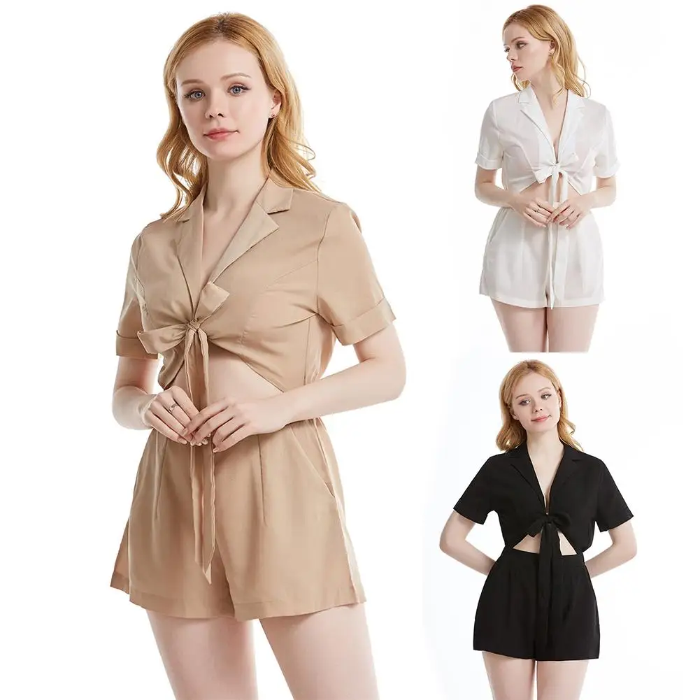 

Женский комбинезон со шнуровкой, однотонный Летний комбинезон с V-образным вырезом, короткие штаны, S-3XL