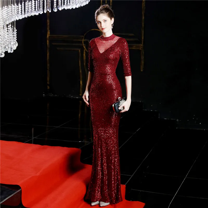 

Gold Gradient Sequins Half Sleeve Banquet Party Dress Long Mermaid Slim Host Annual Meeting Fishtail Elegant Dress Women 2xl