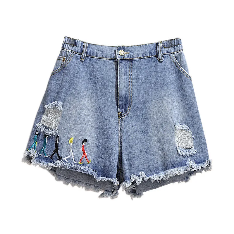 

Plus size XXL-6XL Hole jeans shorts women spring summer hair edge embroidery casual short pants elastic waist denim shorts G840