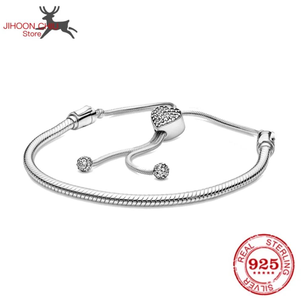 

Hot Sale 100% 925 sterling silver bracelet for women fit original Pan charm chain Snake bracelet heart style classic DIY jewelry