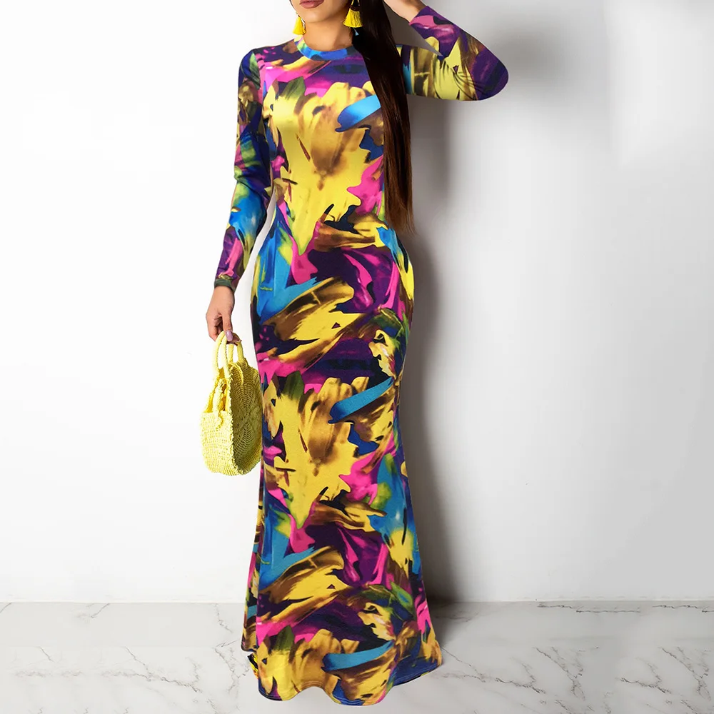 2019 осеннее платье с длинным рукавом цветным блочным рисунком облегающее длина до
