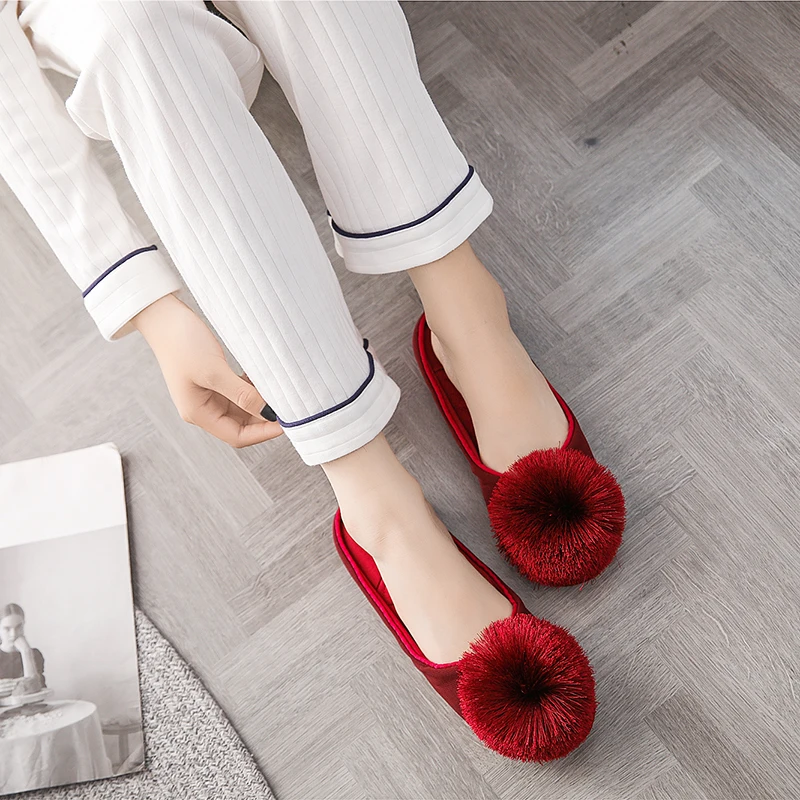 New autumn and winter tassel ball rubber sole indoor home slippers waterproof non-slip office slippers women