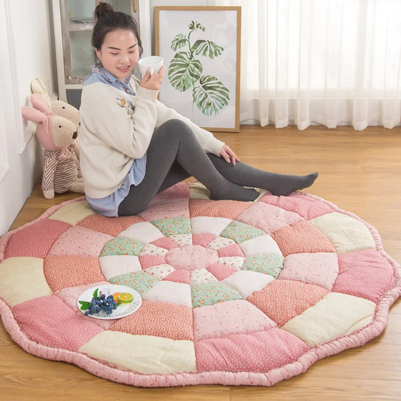 145cm Korean Handmade 100% Cotton Patchwork Mat 3cm Thick Non-Slip Bedside Bedroom Tatami Crawling Blanket Machine Washable