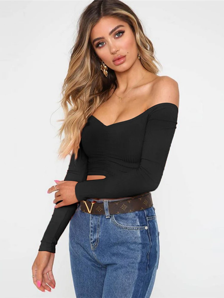 

2022 Sexy Off shoulder Women's T-shirt Tops Slash Neck Long Sleeve Slim Tee Shirts Femme Solid O-neck Crop Top