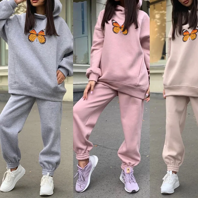 

Women's Tracksuit 2 Piece Set Casual Fleece Woman Spring 2021 Suit Oversized Hooded Long Sleeve Hoodie Female Sportswear Pants