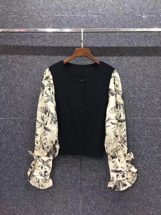 

2021 spring and summer new women's round neck sleeve color matching printing decorative knitted cardigan top 326