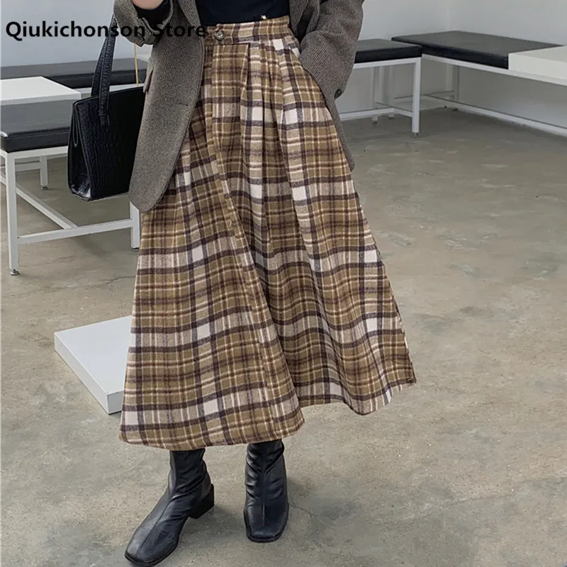 

Qiukichonson Autumn Winter Sanding Woolen Skirt Women Vintage Preppy Style High Waisted Long Midi Plaid Pleated Skirts Jupe