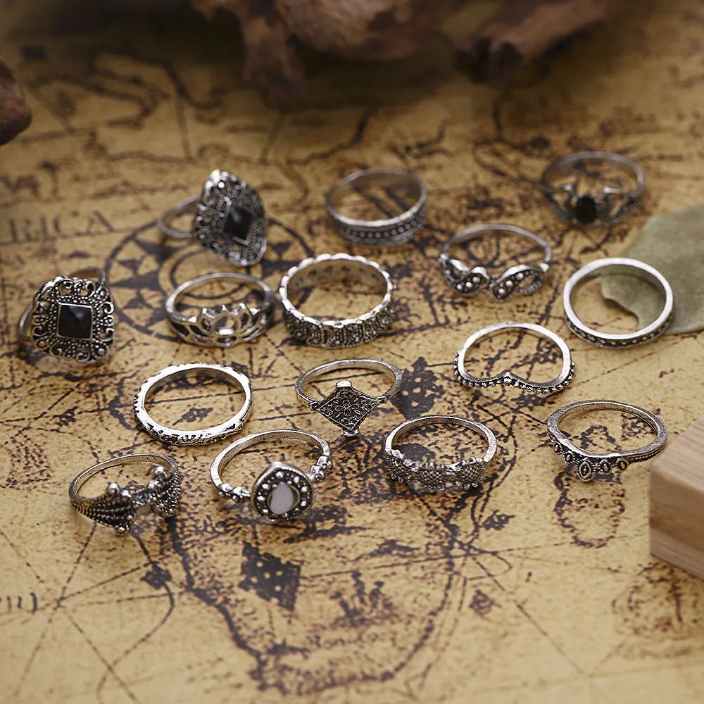 15 шт./упак. старинное Миди палец кольцо комплект в богемном стиле черный камень