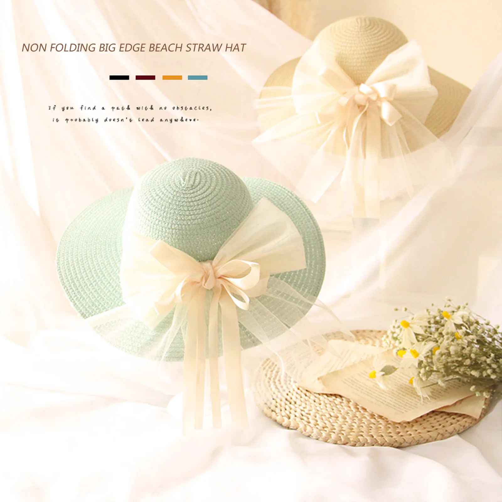 

Пляжная соломенная шляпа с большим бантом для девочек, многоцветная Складная элегантная Милая летняя Панама от солнца с широкими полями, с ...