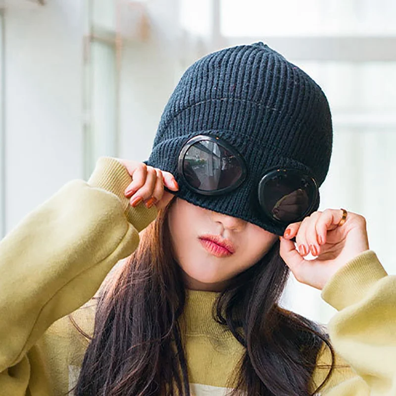 Шапка очки унисекс шерстяные вязаные бини термопушистая теплая шапка защита для