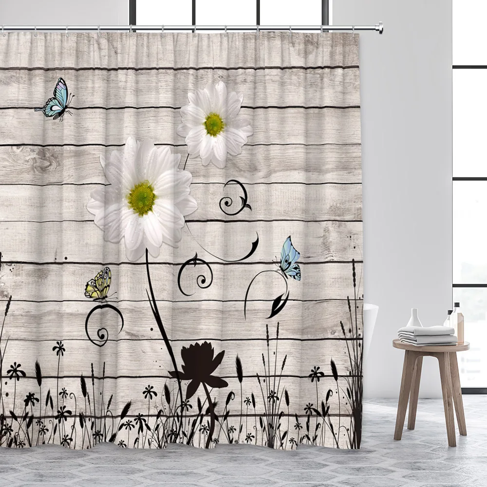 Деревянная доска в деревенском стиле занавески для душа с маргаритками бабочки