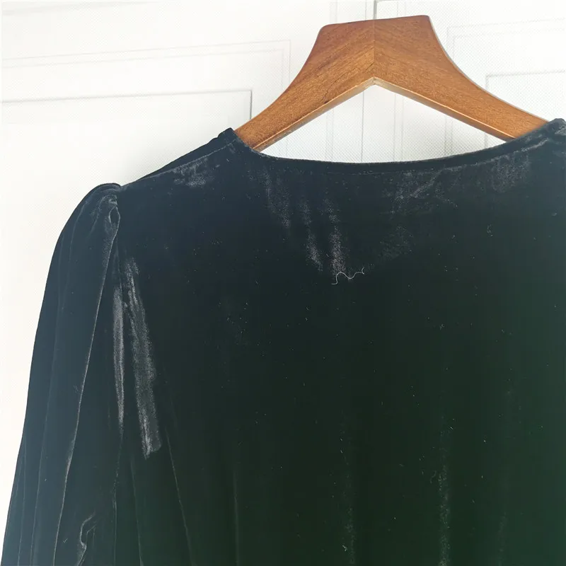 

Velvet Dress Women Single Breasted V-neck Black Ruffles Robes 2020 New