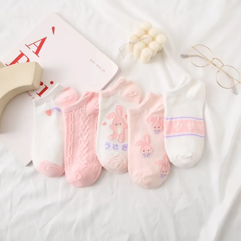 

Spring Summer New Socks Pink Rabbit Lace Cotton Socks Cute Lolita Sweet Ladies Short Tube Socks Fresh Breathable Boat Socks