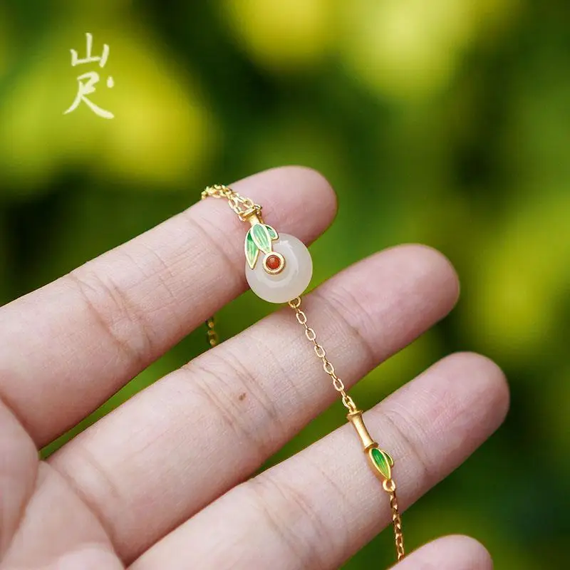 

Yunzhu Pure Natural Hetian Jade White Jade Green Bamboo Nanjiang Carnelian Bracelet Adjustable S925 Sterling Silver Temperamenta