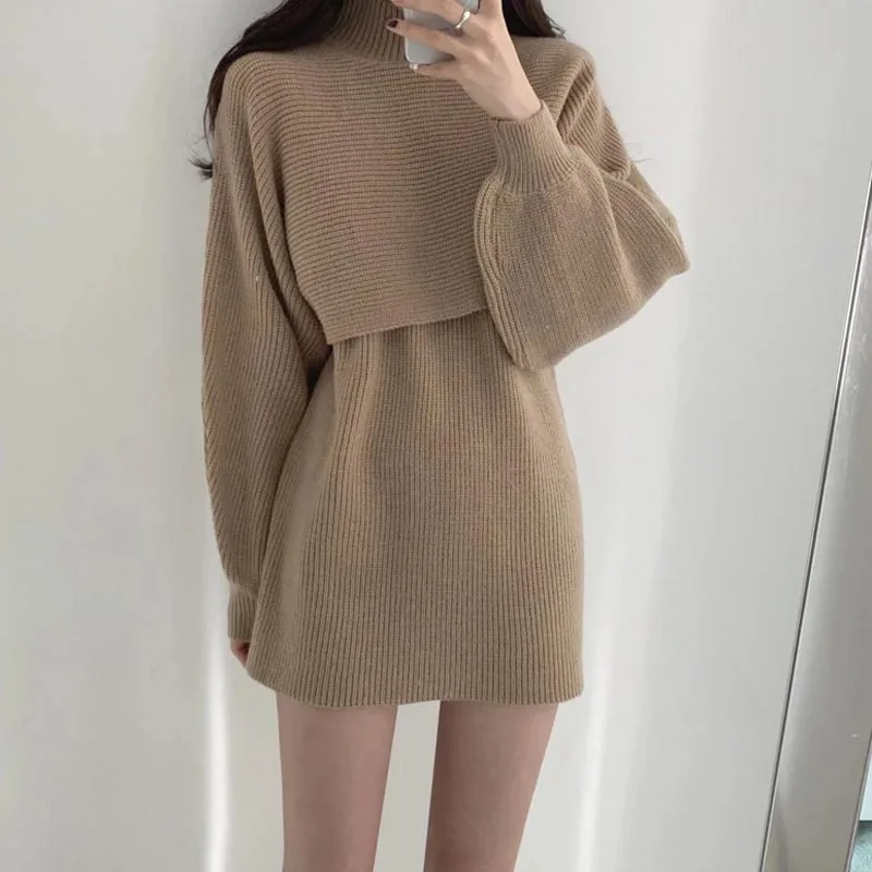 

New Autumn And Winter Women's Sweater Two Piece Knit Top Medium Length Casual Solid Color Large Loose Round Neck Pullover
