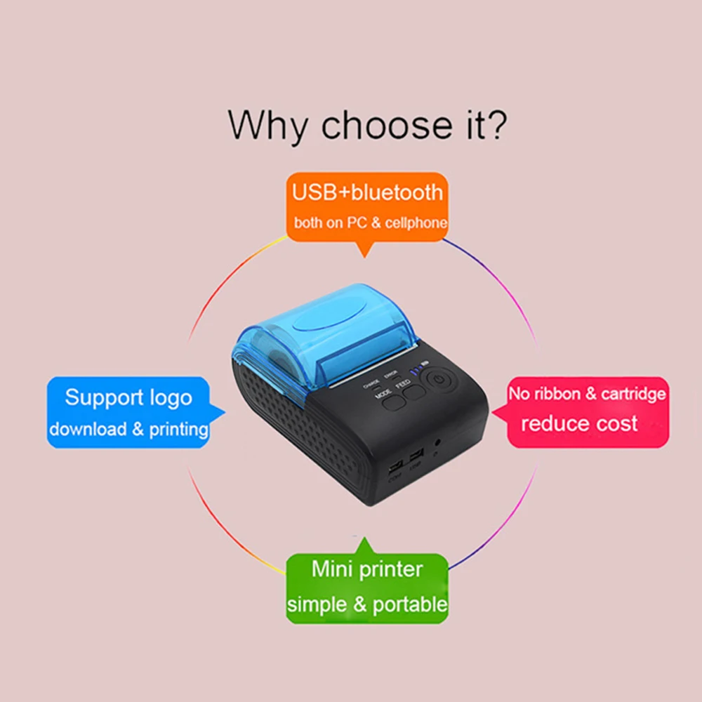 2 в 1 портативный USB-принтер для чеков Android IOS Iphone Ipad WindowsTerminal 1500 мАч встроенный