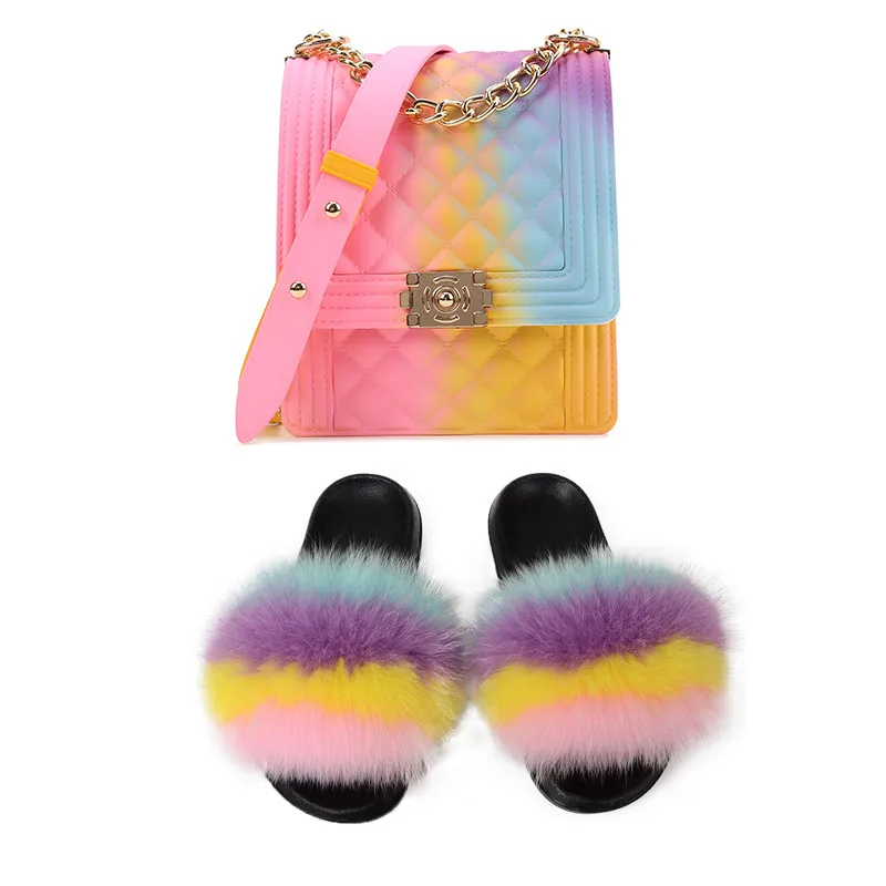 Шлепанцы женские летние из меха лисы мягкие Меховые тапочки модная матовая сумка
