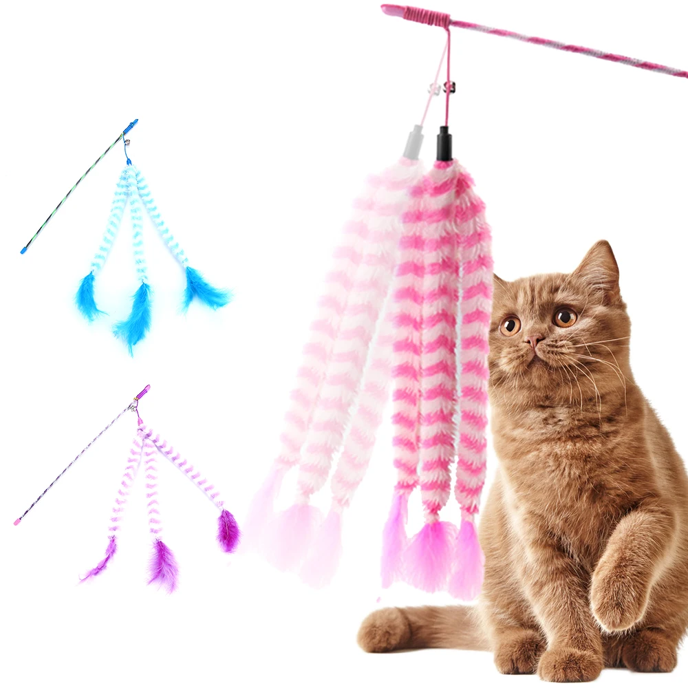 /Blue/Purple Plush Interactive Pet Cat Feather Toy Funny Stick Wand With Bell | Дом и сад