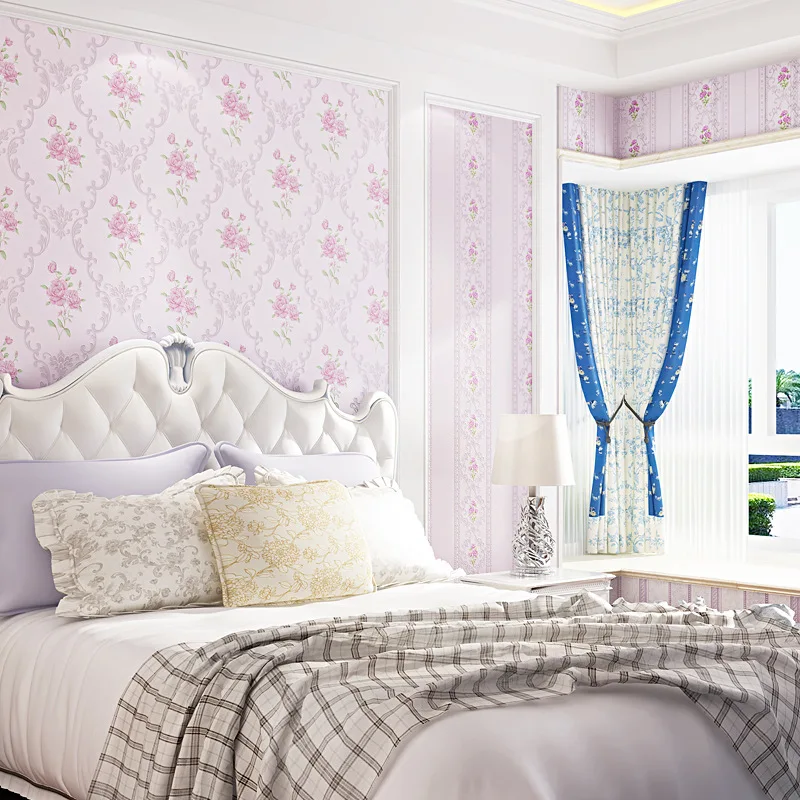 

WELLYU Pastoral style wallpaper non-woven light purple pink flower romantic warm bedroom AB version vertical stripes wall