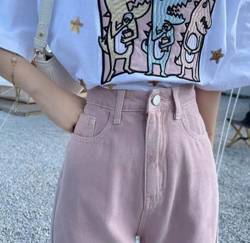 

New Women Fashion Casual Jeans White Pink High Waist Loose Pocket Denim Pants Female Elegant Wide Leg Trouser Vintage s1208
