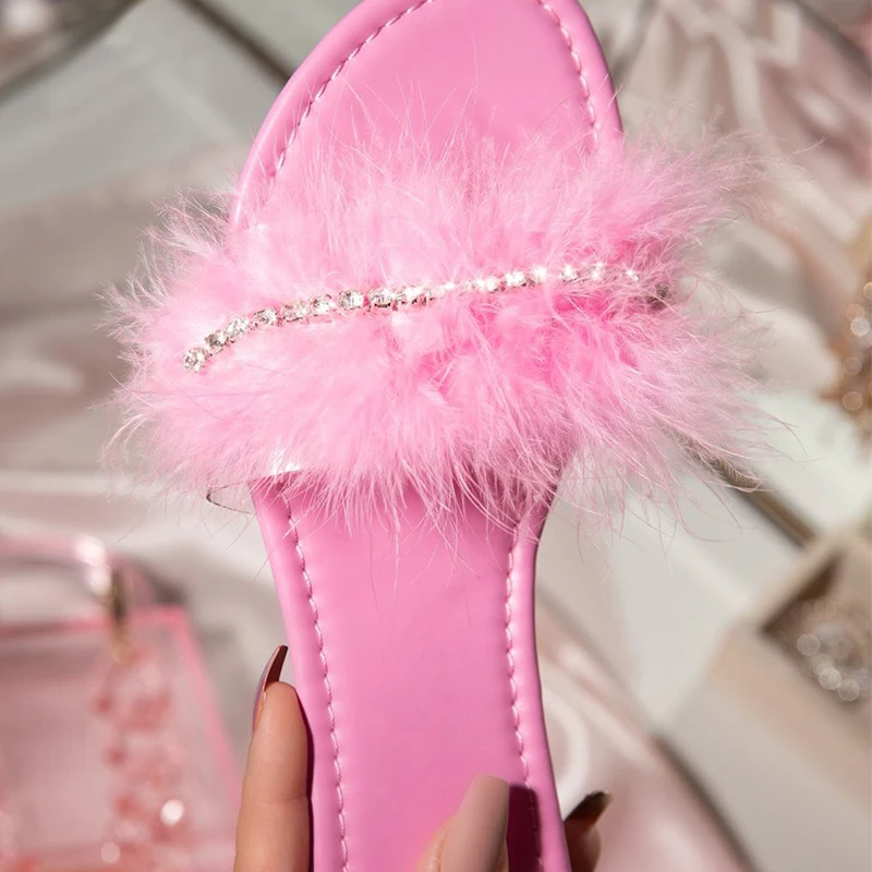 

2021 Women Fur Sloid Slippers Woman Crystal Shoes Female Peep Toe Open Toe Ladies Summer Beach Fashion Classic Plus Size 43