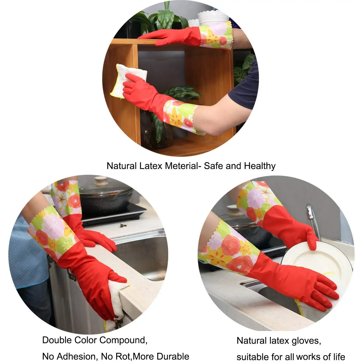 

2PCS Women Cleaning Gloves, Non-Slip Household Kitchen Dishwashing Gloves with Lining