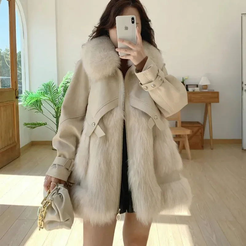

New Women's Imitate Fox Fur Coat Winter PU Leather Jacket Stitching Fur Coat Windproof Waterproof Cold Proof Parker Overcoat