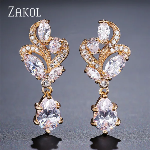 Изысканные ювелирные изделия в виде цветка из белого циркония ZAKOL с модным кристаллом маркиза, наборы ювелирных изделий для невесты/Женские аксессуары FSSP268 - Окраска металла: Gold Color Earrings