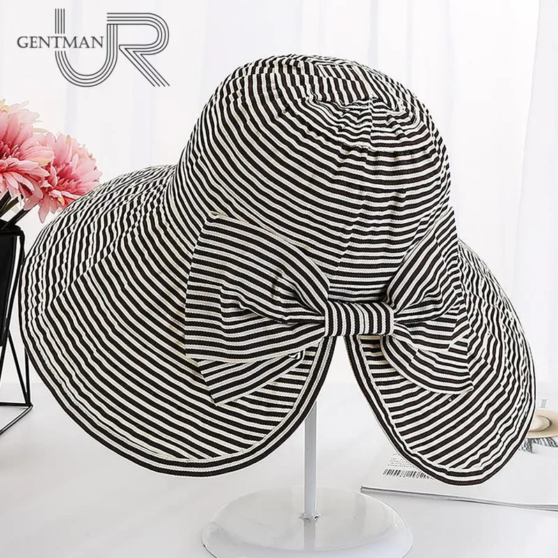 Новая женская Солнцезащитная шляпа с бантом в полоску складная УФ защитой летняя