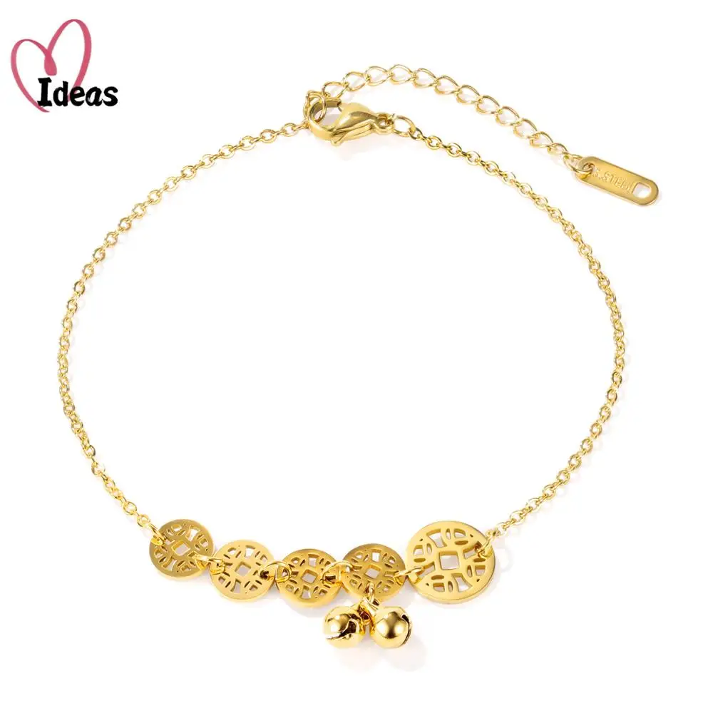 

Gold Color Chinese Ancient Coin Bells Accessories Anklets For Women Stainless Steel Small Bell Link Chain Ankle Bracelet