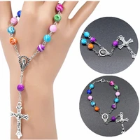 8mm catholic colourful girls women party religious rosary beads cross link chain pendant bracelet jewelry accessories