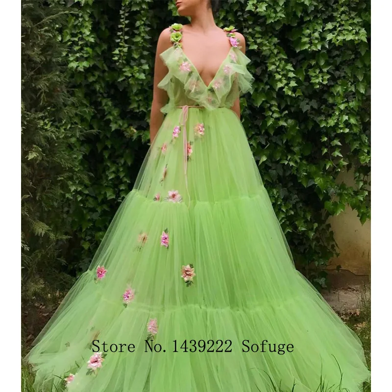 

Mint Green 3D Flowers V Neck Evening Dresses Straps Prom Vestidos De Fiesta Robe De Soiree Plus Size