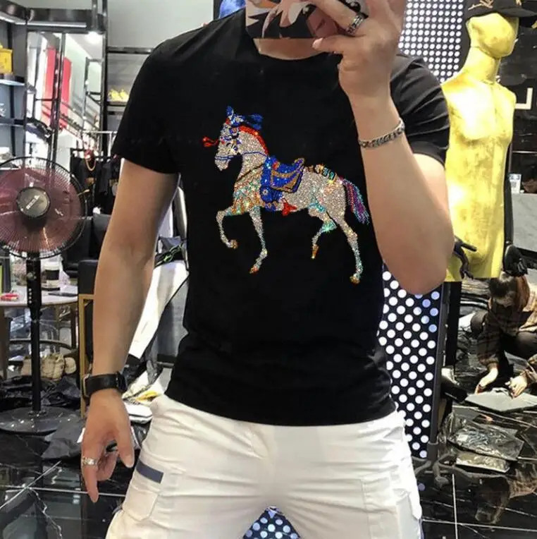 

Men tshirts Short Sleeve Casual Male Rhinestones horse slim fit Homme Top tees