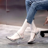 2020 summer new fashion crystal heel sandals women outer wear thick with transparent two wear n womens sandals plus size